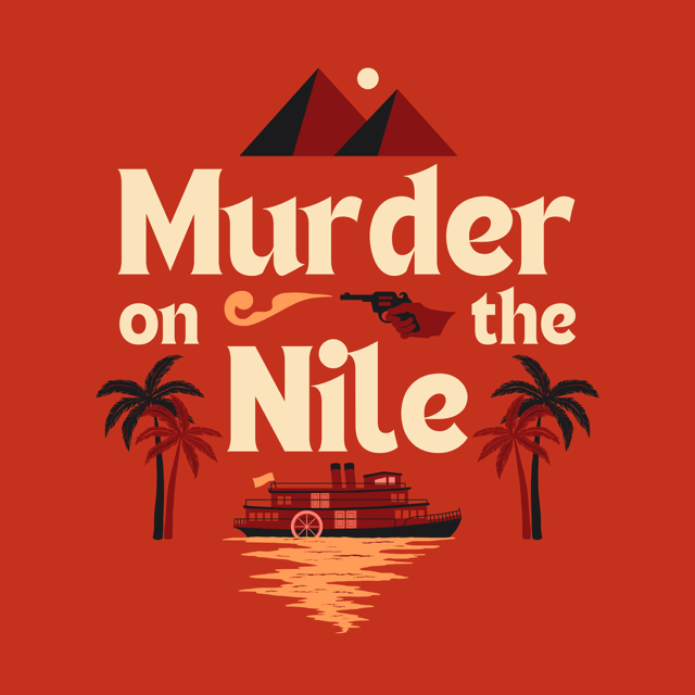 Murder on the Nile by Agatha Christie promotional poster featuring a Nile riverboat, palm trees and Egyptian pyramids.
