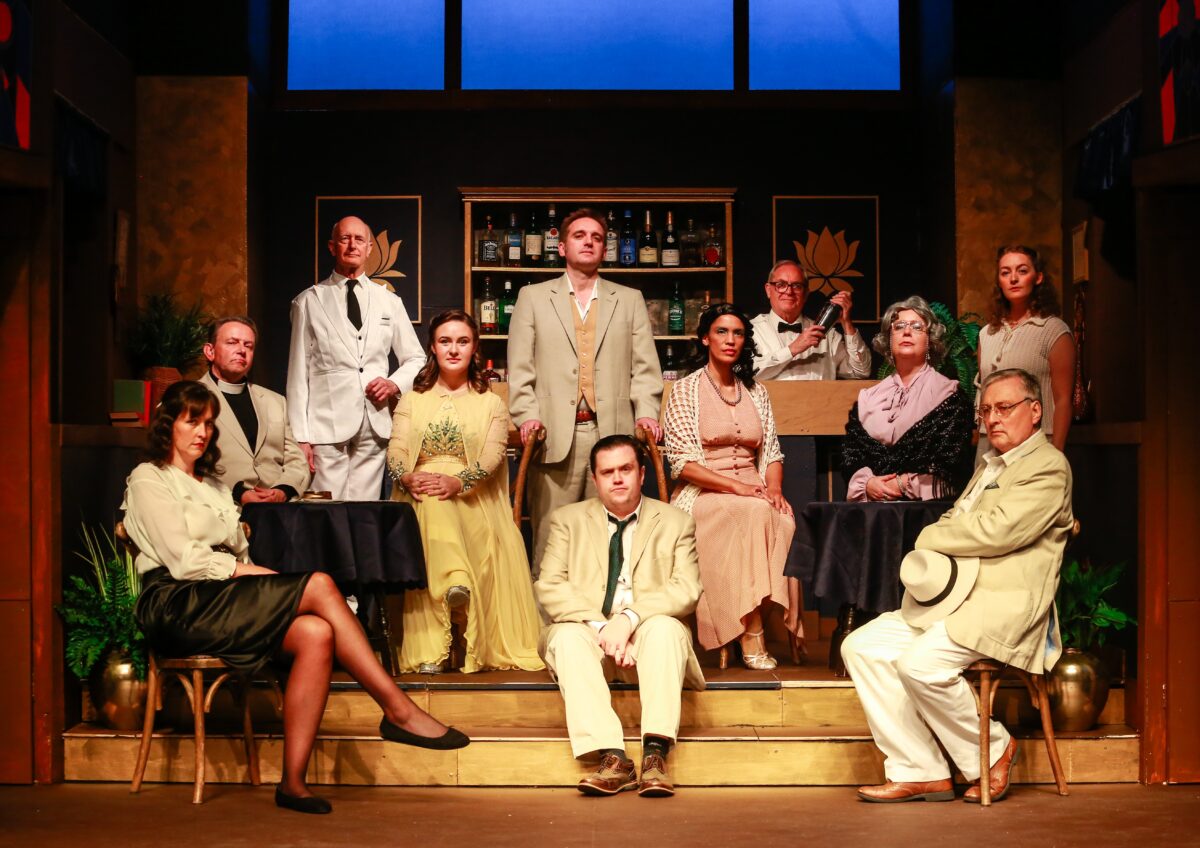 Full cast of Highbury Players' Murder on the Nile on stage at Highbury Theatre, Sutton Coldfield.
