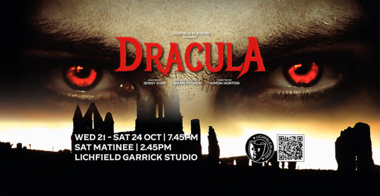 Dracula by Lichfield Players promotional poster featuring glowing red vampire eyes and gothic ruins, at Lichfield Garrick Studio, 21–24 October 2026.