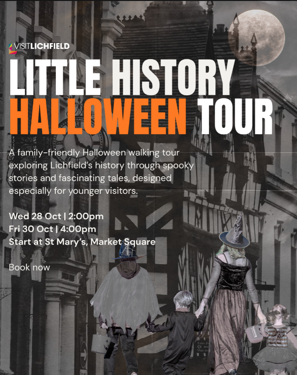 Little History Halloween Tour poster advertising family-friendly spooky walking tours in Lichfield on 28 and 30 October 2026.