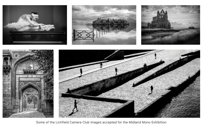 Five black-and-white photographs by Lichfield Camera Club members selected for the Midland Mono Exhibition.