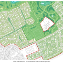 Masterplan of the Arkall Farm housing development near Lichfield and Tamworth, showing residential areas, roads, green spaces and sports facilities. Copy