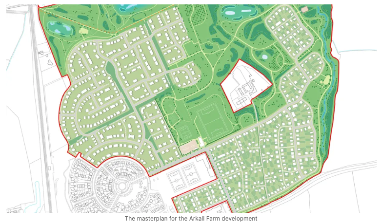 Masterplan of the Arkall Farm housing development near Lichfield and Tamworth, showing residential areas, roads, green spaces and sports facilities. Copy