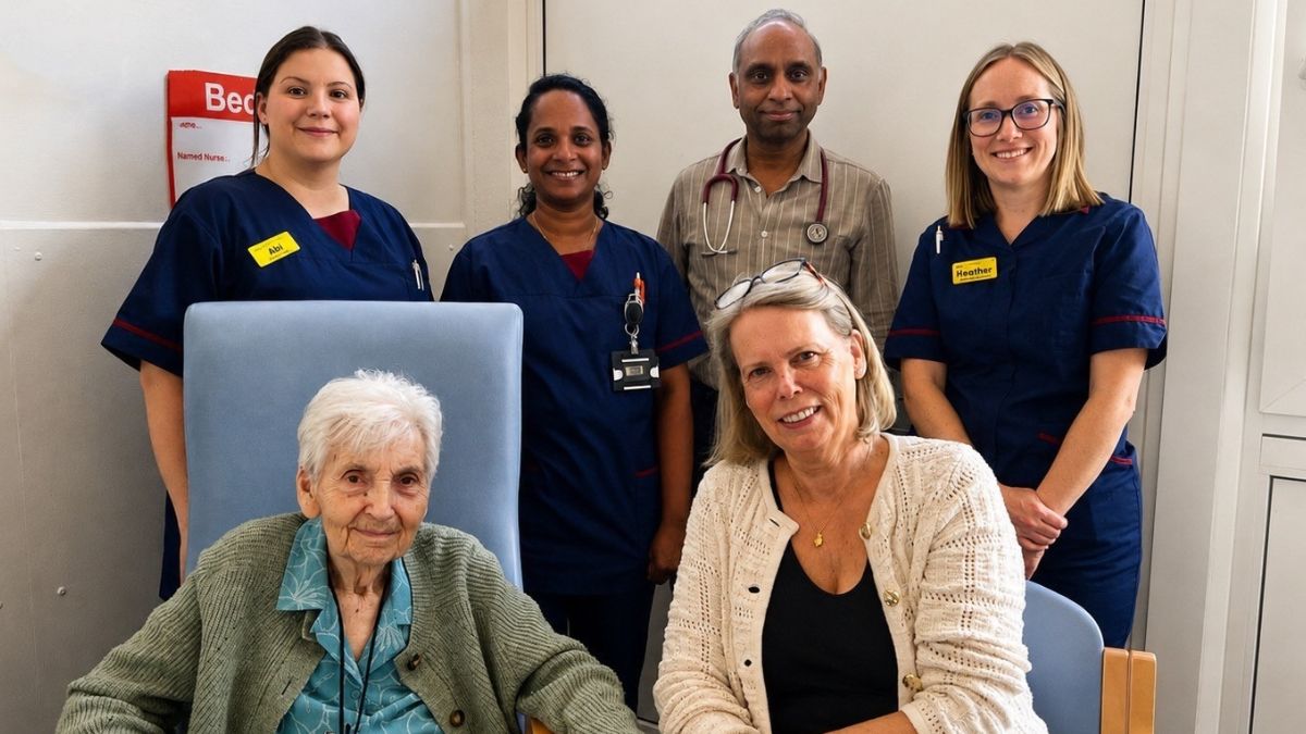 Good Hope Hospital healthcare staff pictured with two women at the hospital in Sutton Coldfield.